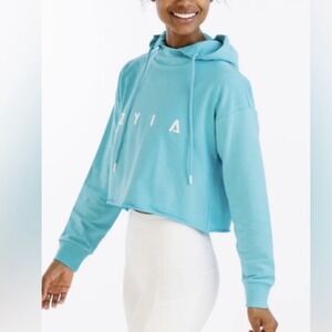 Zyia Active‎ Small Sky Blue Raw Edge Cropped Hooded Pullover Sweatshirt